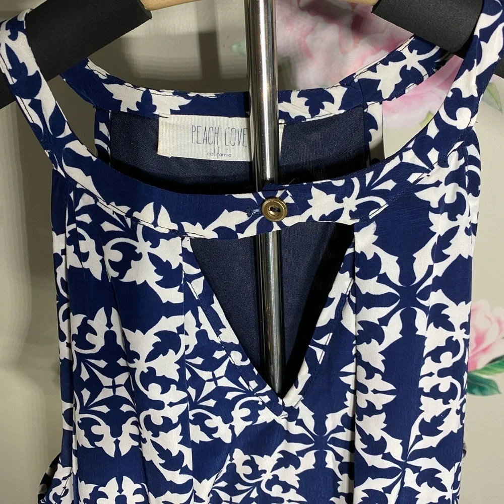 Peach Love California Blue and White Halter Midi Sundress  Size S